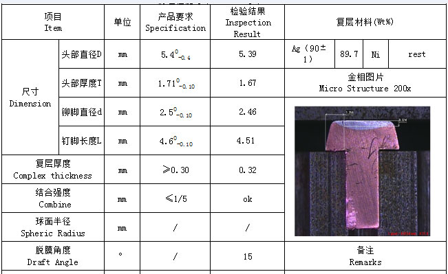 AgNi Bimetal Makipag-ugnay sa Rivets details